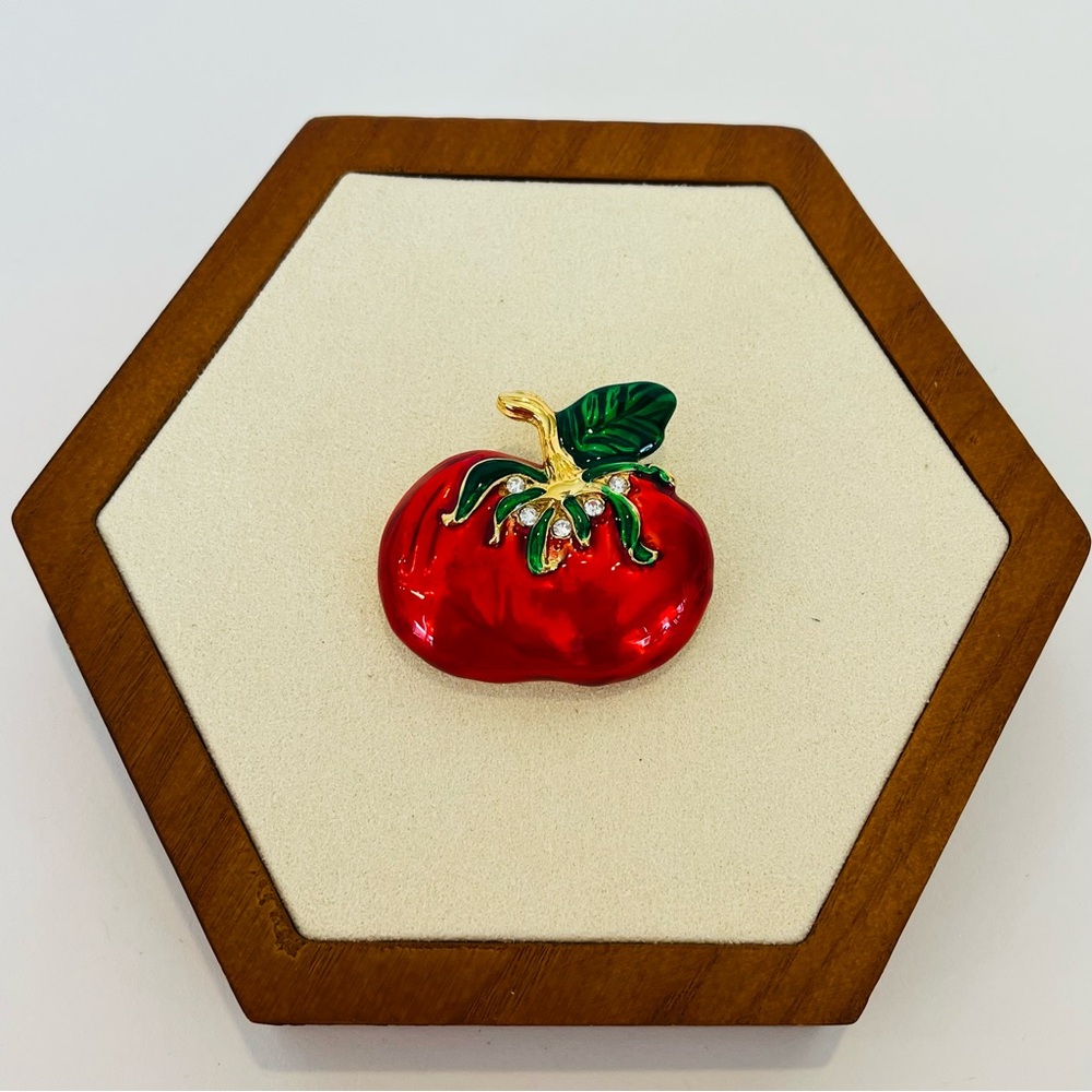 Signed Saxon Red Tomato Enamel Brooch with Crystal Accents - Picture 2 of 4